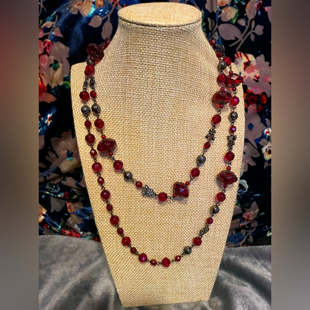 Vintage Beautiful Long Red Necklace with Floral Beads Approx. 40”